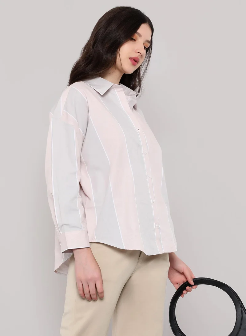 بينيا كولادا Women's Panel-Striped Oversized Shirt | Spread Collar , Long Single-Button Cuff Sleeves, Button Closure | Stripes Plain | Woven Shirt For Casual & Daily Wear | Baby Pink & Baby Blue