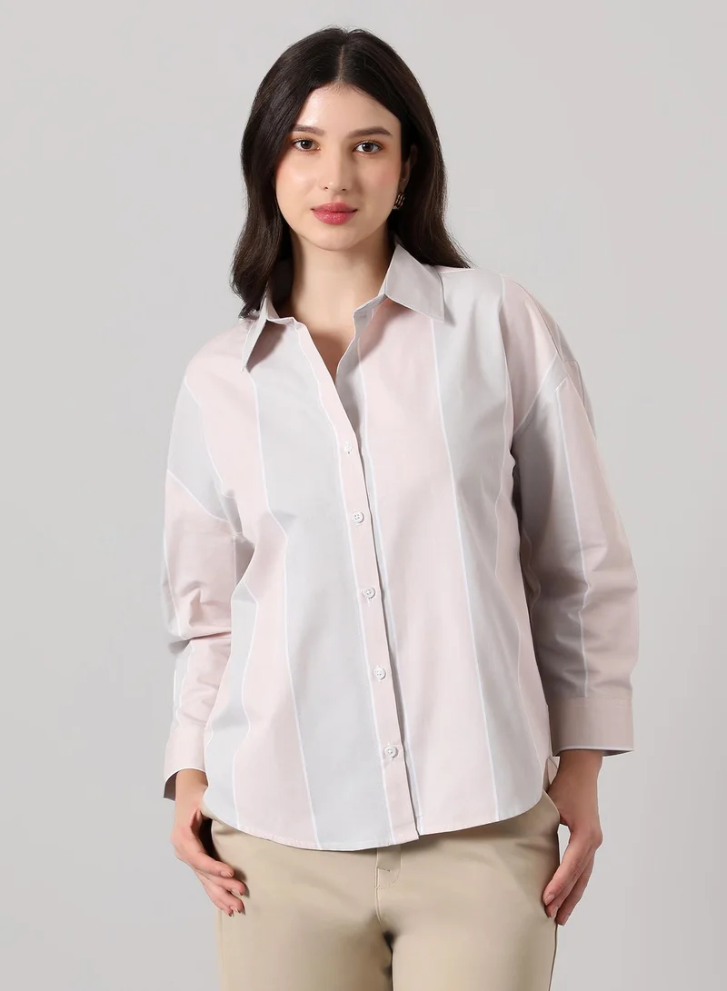 بينيا كولادا Women's Panel-Striped Oversized Shirt | Spread Collar , Long Single-Button Cuff Sleeves, Button Closure | Stripes Plain | Woven Shirt For Casual & Daily Wear | Baby Pink & Baby Blue