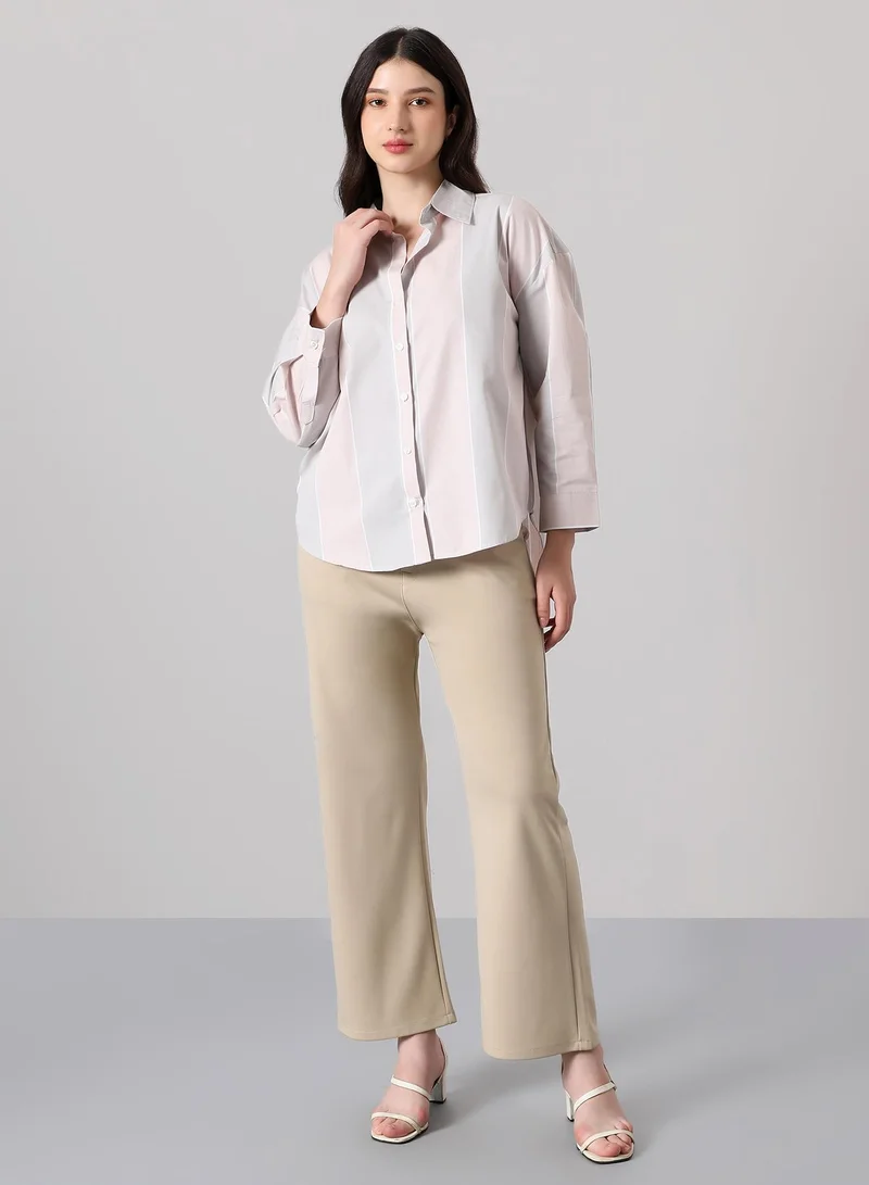 PINACOLADA Women's Panel-Striped Oversized Shirt | Spread Collar , Long Single-Button Cuff Sleeves, Button Closure | Stripes Plain | Woven Shirt For Casual & Daily Wear | Baby Pink & Baby Blue