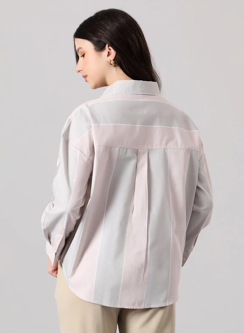 PINACOLADA Women's Panel-Striped Oversized Shirt | Spread Collar , Long Single-Button Cuff Sleeves, Button Closure | Stripes Plain | Woven Shirt For Casual & Daily Wear | Baby Pink & Baby Blue
