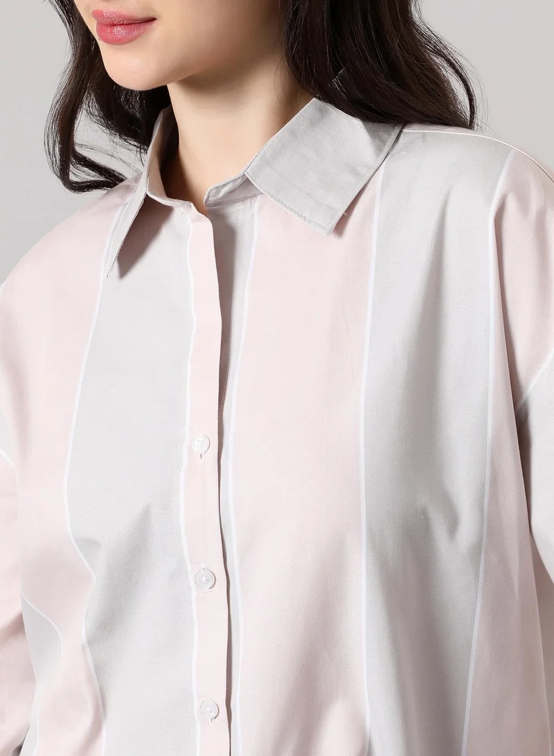 PINACOLADA Women's Panel-Striped Oversized Shirt | Spread Collar , Long Single-Button Cuff Sleeves, Button Closure | Stripes Plain | Woven Shirt For Casual & Daily Wear | Baby Pink & Baby Blue