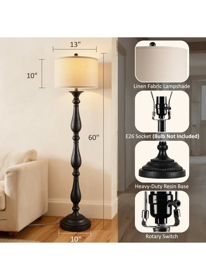 PARTPHONER Vintage Floor Lamp for Living Room, Rustic Farmhouse Floor Lamp with Rotary Switch and Linen Shade, Retro Resin Floor Lamp for Bedroom Corner Dining Room - Image 2