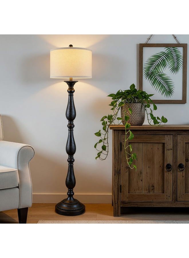PARTPHONER Vintage Floor Lamp for Living Room, Rustic Farmhouse Floor Lamp with Rotary Switch and Linen Shade, Retro Resin Floor Lamp for Bedroom Corner Dining Room - Image 4