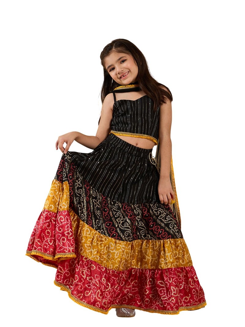 Pspeaches Girls Cotton Sleeveless Square Neck Bandhani Print Lehenga Choli with Embroidery & Tassel 4-5 year Black - Image 1