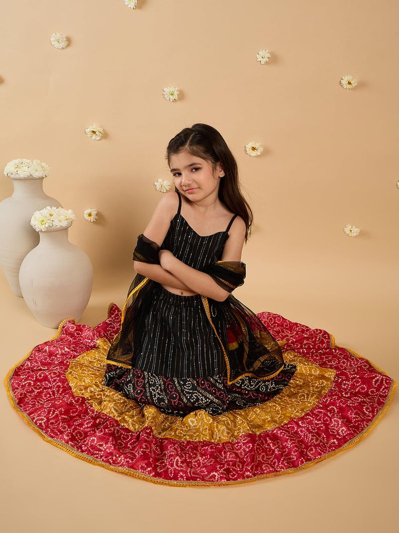 Pspeaches Girls Cotton Sleeveless Square Neck Bandhani Print Lehenga Choli with Embroidery & Tassel 4-5 year Black - Image 3