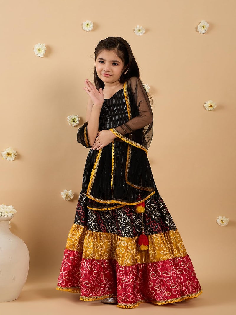 Pspeaches Girls Cotton Sleeveless Square Neck Bandhani Print Lehenga Choli with Embroidery & Tassel 4-5 year Black - Image 2