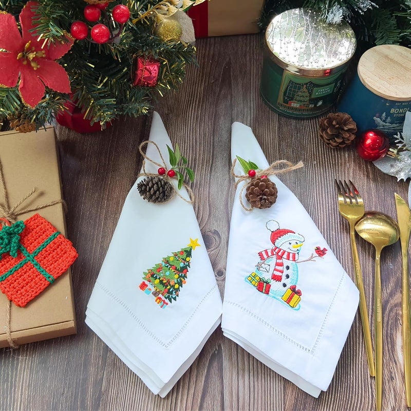 HCRAFT Embroidered Cotton Table Napkin Cloth Napkins Set of 4 18x18 Mix Snowman Laurel Wreath Christmas Napkin Dining Room Napkins Cloth Machine Washable Christmas Napkins Great Present Ideas - Image 5