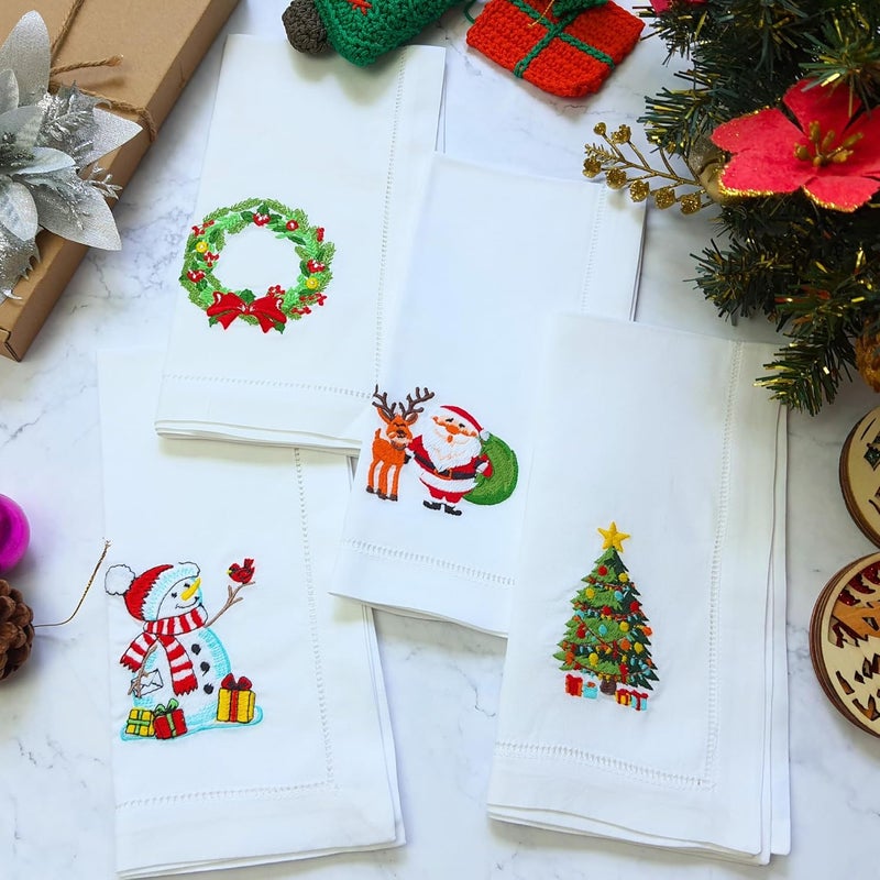 HCRAFT Embroidered Cotton Table Napkin Cloth Napkins Set of 4 18x18 Mix Snowman Laurel Wreath Christmas Napkin Dining Room Napkins Cloth Machine Washable Christmas Napkins Great Present Ideas - Image 2