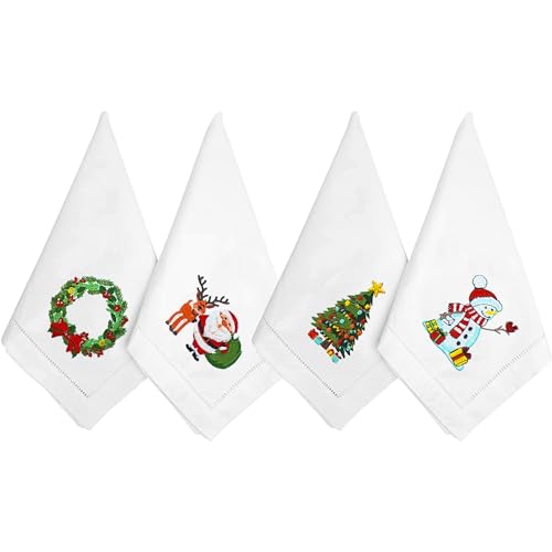 HCRAFT Embroidered Cotton Table Napkin Cloth Napkins Set of 4 18x18 Mix Snowman Laurel Wreath Christmas Napkin Dining Room Napkins Cloth Machine Washable Christmas Napkins Great Present Ideas - Image 1