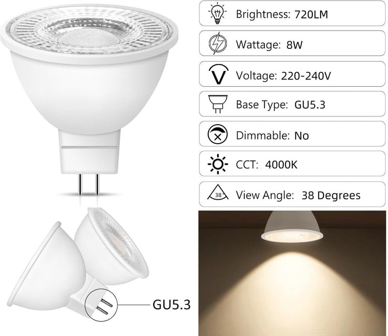 MR16 LED Light Bulbs 8W 720LM 3000K Warm White, GU5.3 Base, 38° Beam Angle, 10-Pack - Image 5