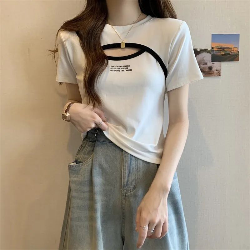 Design Sense Hollow Short-Sleeved T-Shirt Women'S 2025 Plus Size Flesh Covering Slim Letter Printed Chic Top - Image 2