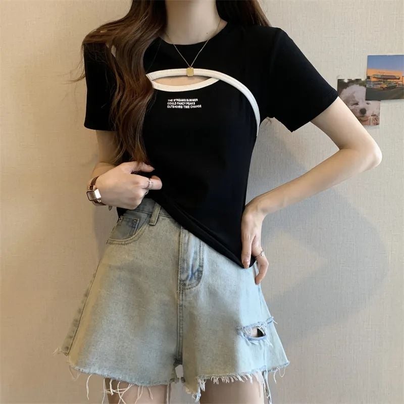Design Sense Hollow Short-Sleeved T-Shirt Women'S 2025 Plus Size Flesh Covering Slim Letter Printed Chic Top - Image 5