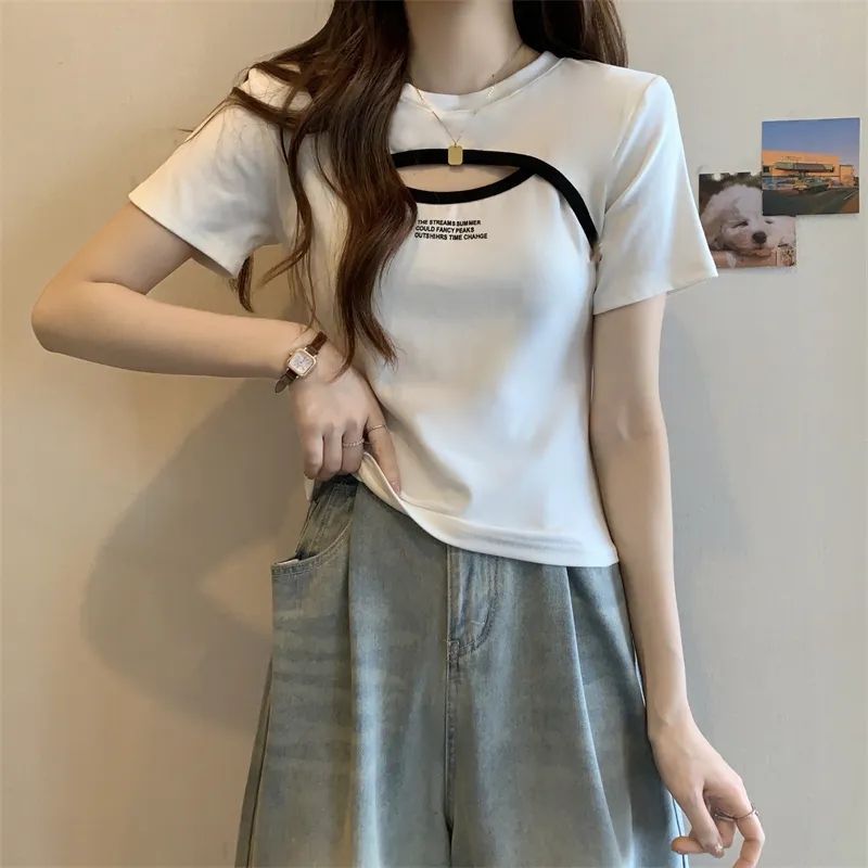 Design Sense Hollow Short-Sleeved T-Shirt Women'S 2025 Plus Size Flesh Covering Slim Letter Printed Chic Top - Image 4
