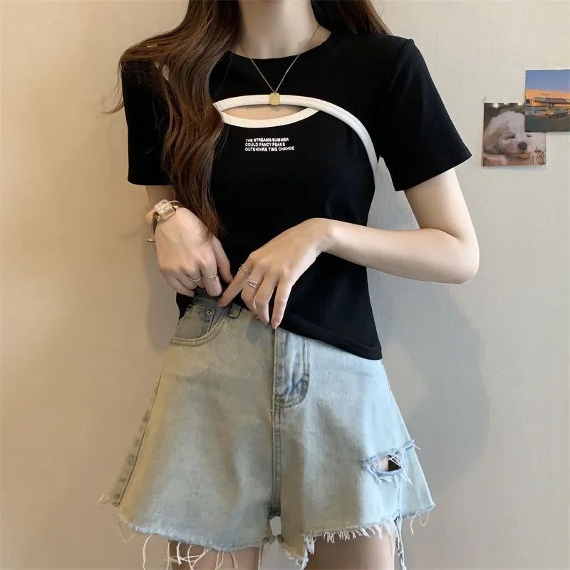 Design Sense Hollow Short-Sleeved T-Shirt Women'S 2025 Plus Size Flesh Covering Slim Letter Printed Chic Top - Image 3