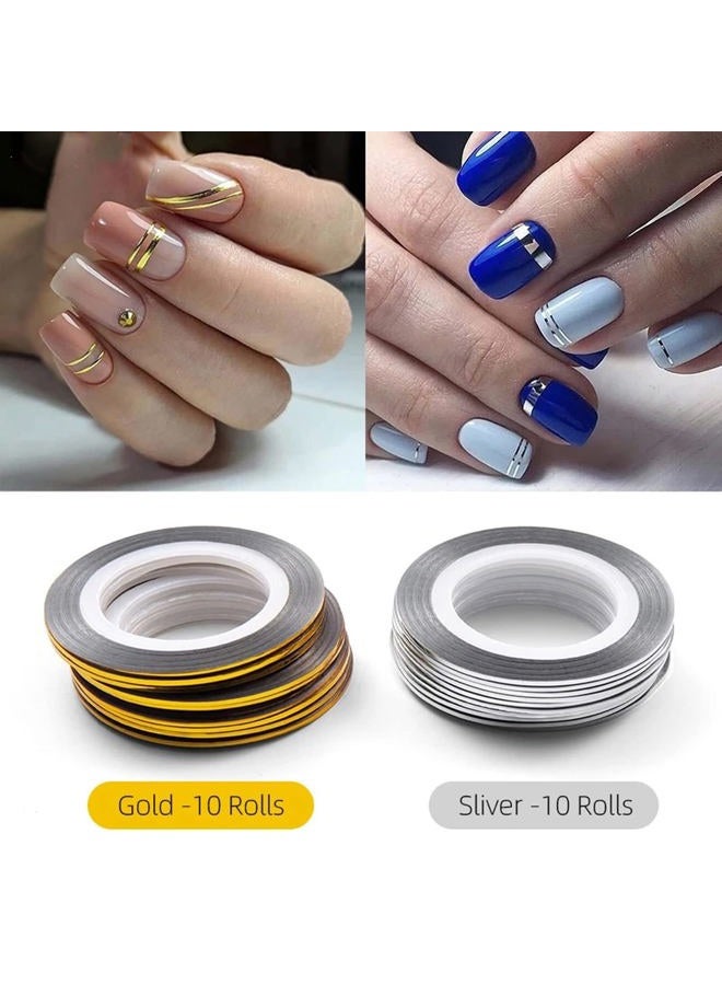 Vonrui 20 Pcs Glitter Gold Silver Nail Art Stripping Tape Line Shiny Matte Nail Art Decoration Strips Self Adhesive Decals Strips DIY Nail 3D Tips Manicure Tools Rolls (1mm) - Image 5