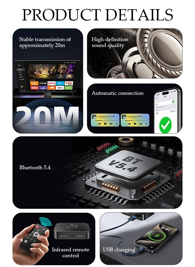 DUNISO Bluetooth Receiver,Bluetooth 5.4 Car Adapter,Audio Receiver,Support Wireless/USB/Hands Free Calling ,Plug And Play，Can Connect Two Mobile Phones Simultaneously，Apply To Mobile，Pad，TV，Audio，Headset，Speaker,82*67.4*22.7mm  - Image 3