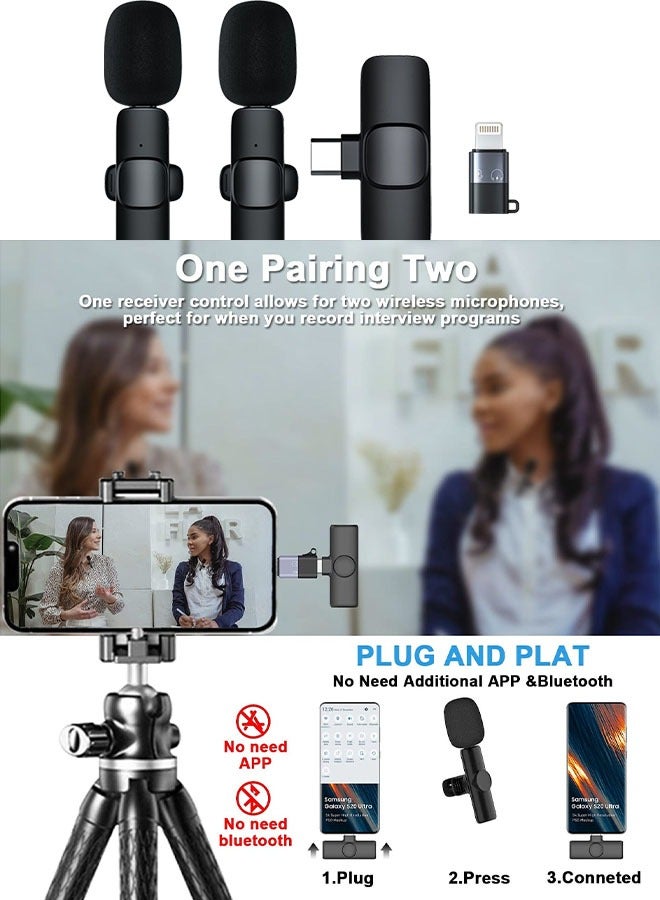 Wireless Lavalier Microphone Dual Wireless Microphone Mini Lapel Mics Plug-Play K9 Type C+Apple Transplant Video Recording Live Stream Vlog for iPhone iPad Android Devices