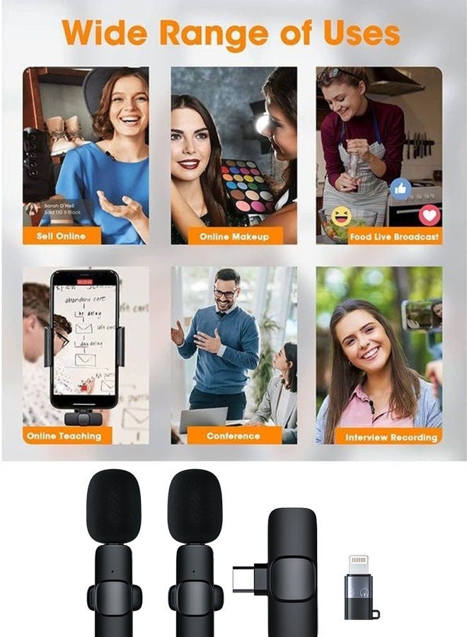 Wireless Lavalier Microphone Dual Wireless Microphone Mini Lapel Mics Plug-Play K9 Type C+Apple Transplant Video Recording Live Stream Vlog for iPhone iPad Android Devices
