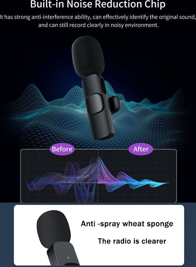 Wireless Lavalier Microphone Dual Wireless Microphone Mini Lapel Mics Plug-Play K9 Type C+Apple Transplant Video Recording Live Stream Vlog for iPhone iPad Android Devices