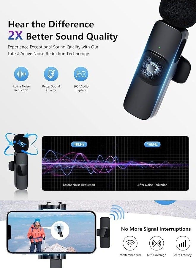 Wireless Lavalier Microphone Dual Wireless Microphone Mini Lapel Mics Plug-Play K9 Type C+Apple Transplant Video Recording Live Stream Vlog for iPhone iPad Android Devices