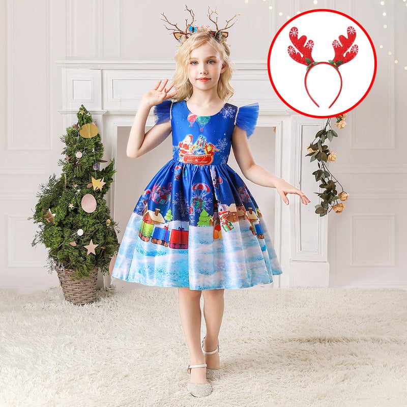 Girls Christmas Dress Christmas Dress Party Costume Childrens Cos Santa Claus Costume Princess Dress SD072-Blue (with headband)