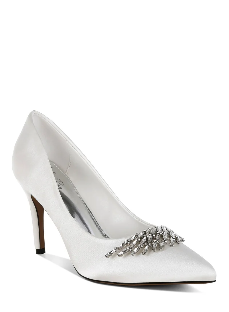 لندن راج ديامانتي بروش التفاصيل مضخات الساتان باللون الأبيض