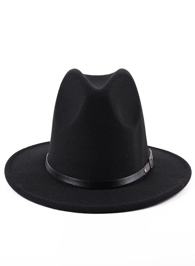 NaRaMax Classic Fashion Black Wide Brim Felt Fedora Panama Hat with Belt Buckle for Unisex - Image 1