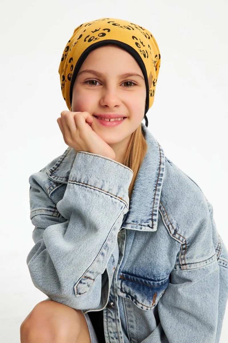 بيبيجيز Mustard Girl's Panda Patterned Beret Neck Collar Set Soft Double Layer 100% Natural Cotton Combed Cotton