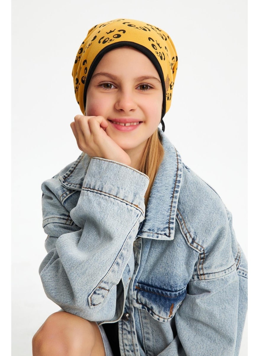 Babygiz Mustard Girl's Panda Patterned Beret Neck Collar Set Soft Double Layer 100% Natural Cotton Combed Cotton  - Image 3