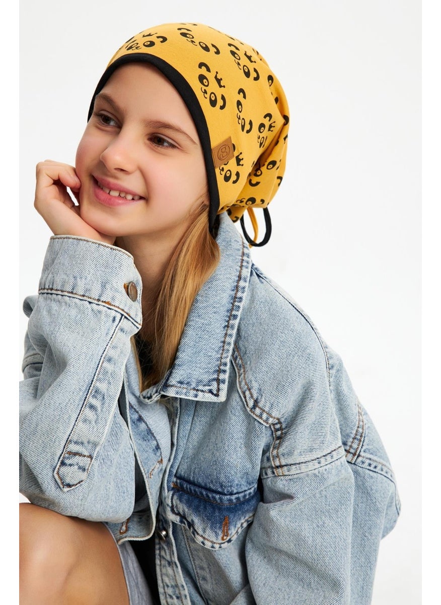 Babygiz Mustard Girl's Panda Patterned Beret Neck Collar Set Soft Double Layer 100% Natural Cotton Combed Cotton  - Image 2