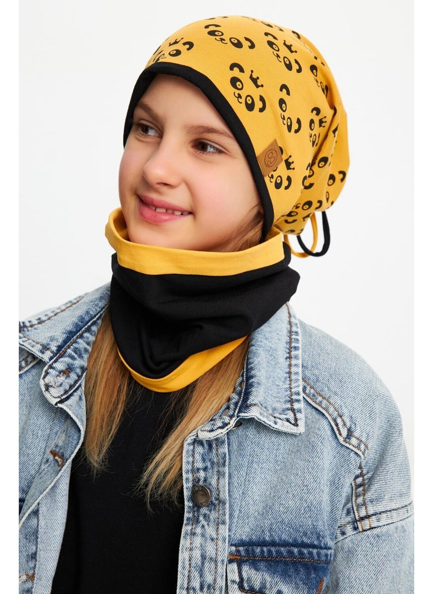 Babygiz Mustard Girl's Panda Patterned Beret Neck Collar Set Soft Double Layer 100% Natural Cotton Combed Cotton  - Image 1