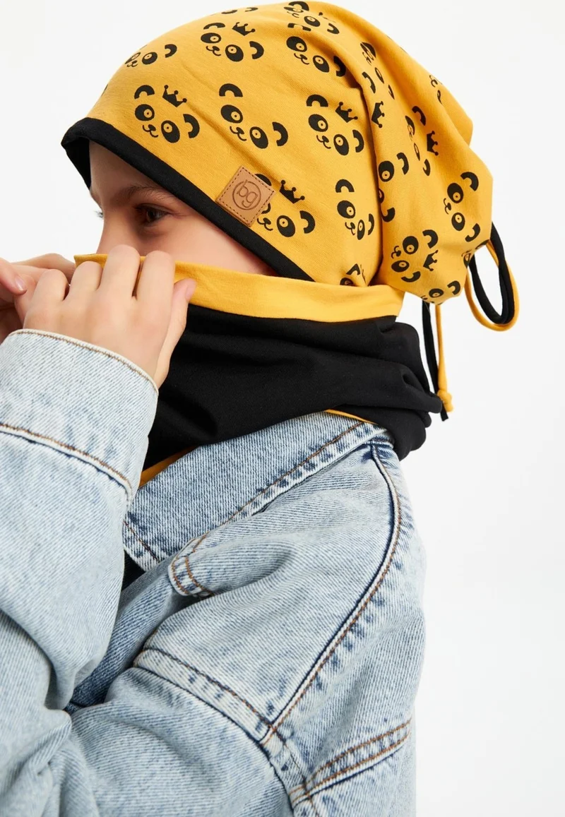 بيبيجيز Mustard Girl's Panda Patterned Beret Neck Collar Set Soft Double Layer 100% Natural Cotton Combed Cotton