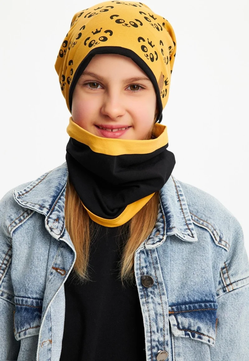 بيبيجيز Mustard Girl's Panda Patterned Beret Neck Collar Set Soft Double Layer 100% Natural Cotton Combed Cotton