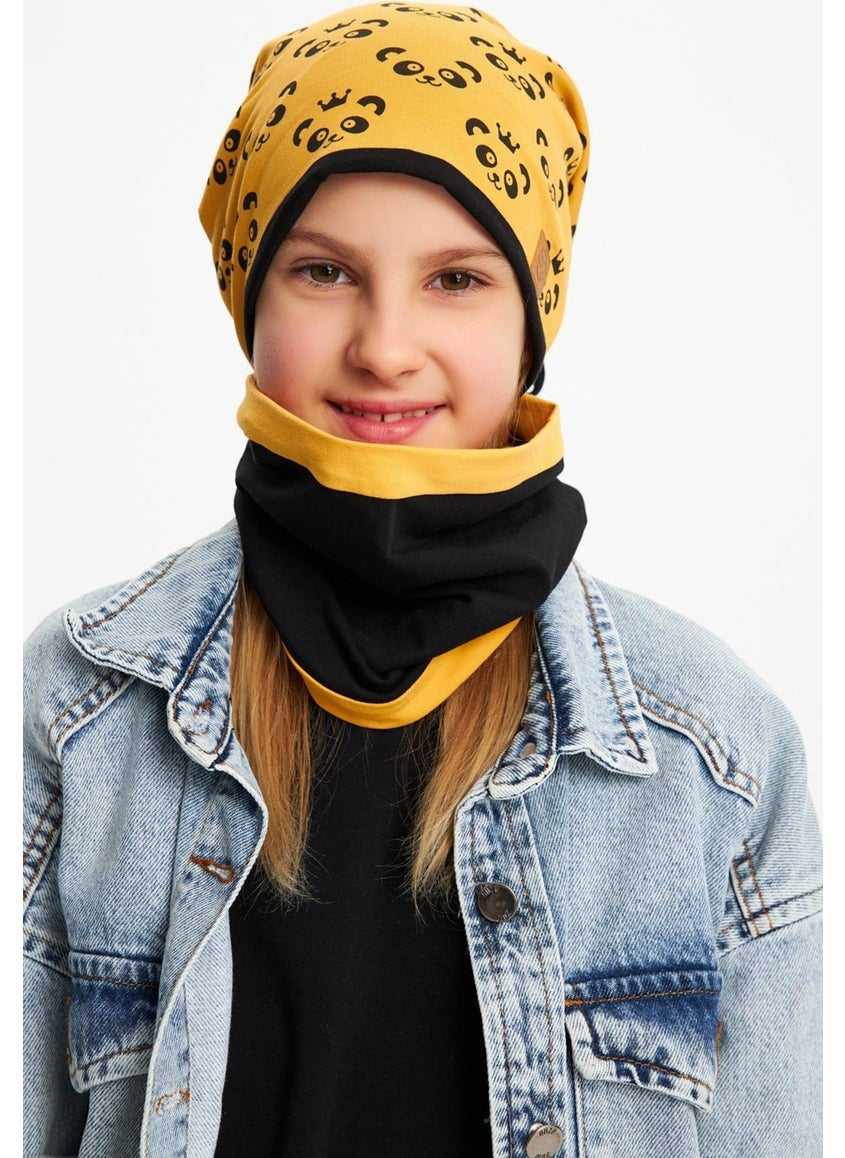 Babygiz Mustard Girl's Panda Patterned Beret Neck Collar Set Soft Double Layer 100% Natural Cotton Combed Cotton  - Image 5