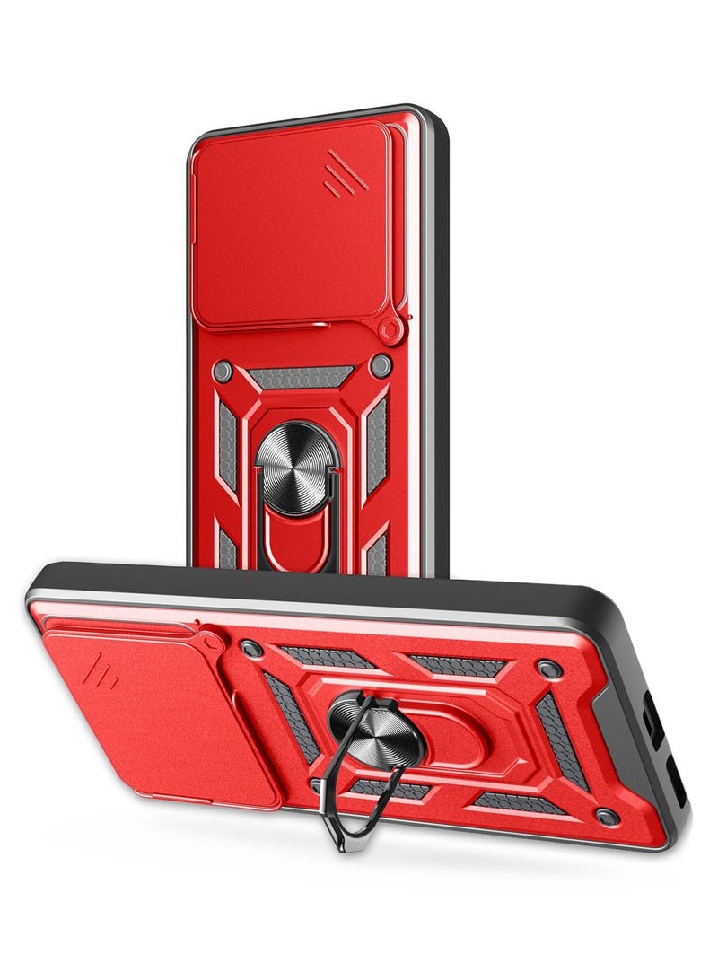 Nothing Phone 2A 5G and 2A Plus 5G Protective Case with Slide Camera Lens Cover Magnetic Ring Holder and Kickstand in Red