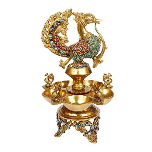 Artvarko Peacock Diya Table Oil Lamp Brass with Inlay Traditional Handmade Lamp for Temples Puja Festival Gifts & Home Décor Height: 12 Inch - Image 1