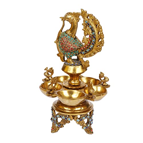 Artvarko Peacock Diya Table Oil Lamp Brass with Inlay Traditional Handmade Lamp for Temples Puja Festival Gifts & Home Décor Height: 12 Inch - Image 3