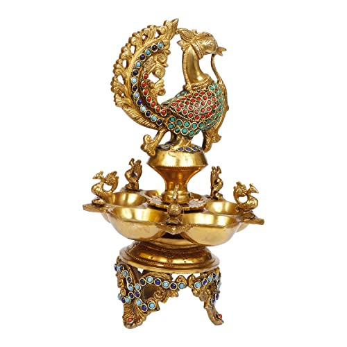 Artvarko Peacock Diya Table Oil Lamp Brass with Inlay Traditional Handmade Lamp for Temples Puja Festival Gifts & Home Décor Height: 12 Inch - Image 4