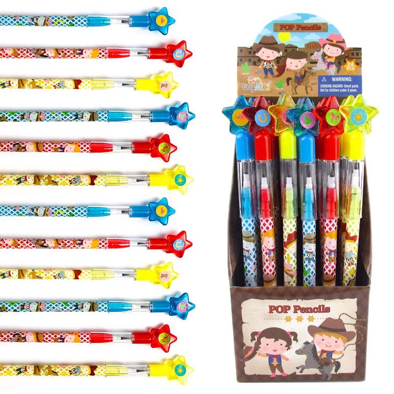 TINYMILLS 24 Pcs Western Cowboy Cowgirl Multi Point Stackable Pencil with Eraser for Western Birthday Party Favor Prize Carnival Goodie Bag Stuffers Classroom Rewards Pinata Fillers - Image 5