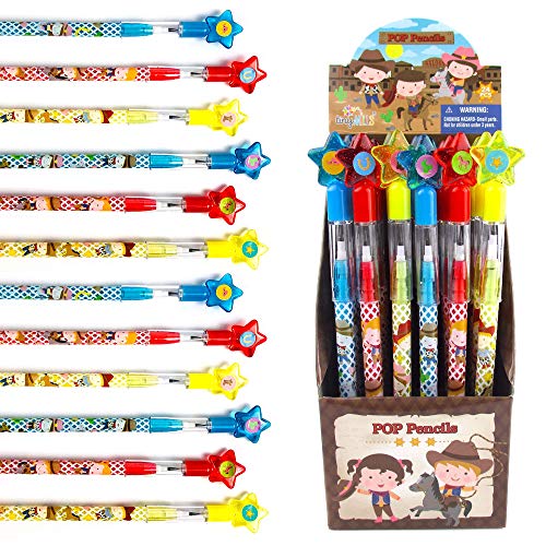 TINYMILLS 24 Pcs Western Cowboy Cowgirl Multi Point Stackable Pencil with Eraser for Western Birthday Party Favor Prize Carnival Goodie Bag Stuffers Classroom Rewards Pinata Fillers - Image 1