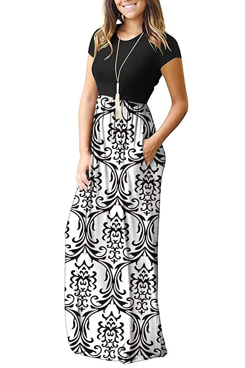 AUSELILY Women's Short Sleeve Loose Plain Casual Long Maxi Dresses for Women 2025 Black White XL - Image 4