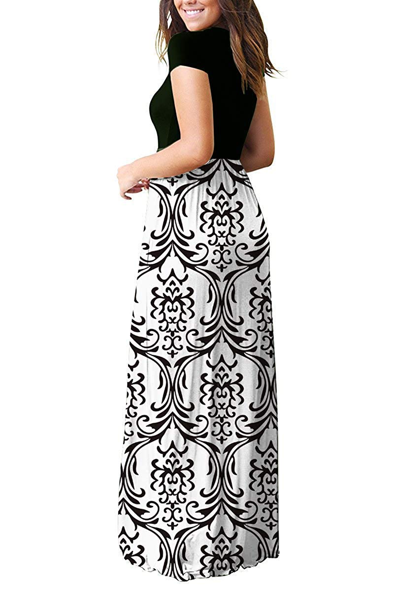 AUSELILY Women's Short Sleeve Loose Plain Casual Long Maxi Dresses for Women 2025 Black White XL - Image 5
