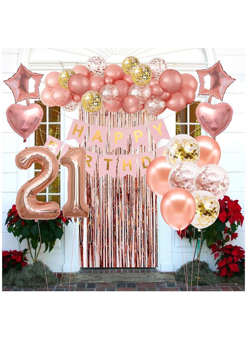 Generic - Rose Gold Birthday Party Decorations Set Rose Gold Balloon Set with Happy Birthday Balloon Banner, Foil Balloon, Fringe Curtain, and Ribbon - Image 1