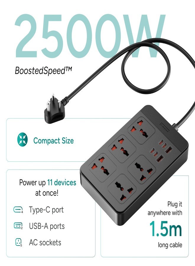 أمبراني لوحة تمديد أمبرين، 4 منافذ من النوع C، منفذان USB، 5 مقابس طاقة دولية، خرج طاقة 2500 واط، كابل طويل، خيار التثبيت على الحائط، تدعم شحن أجهزة الكمبيوتر المحمولة للمكتب والأجهزة المنزلية (SmartStrip 2 Pro، أسود) - Image 2