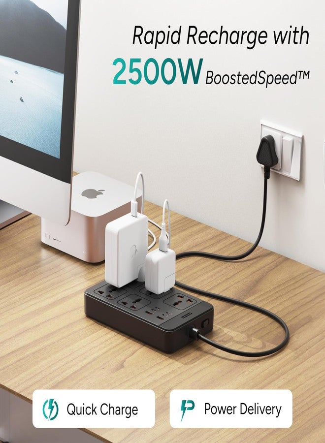 أمبراني لوحة تمديد أمبرين، 4 منافذ من النوع C، منفذان USB، 5 مقابس طاقة دولية، خرج طاقة 2500 واط، كابل طويل، خيار التثبيت على الحائط، تدعم شحن أجهزة الكمبيوتر المحمولة للمكتب والأجهزة المنزلية (SmartStrip 2 Pro، أسود) - Image 3