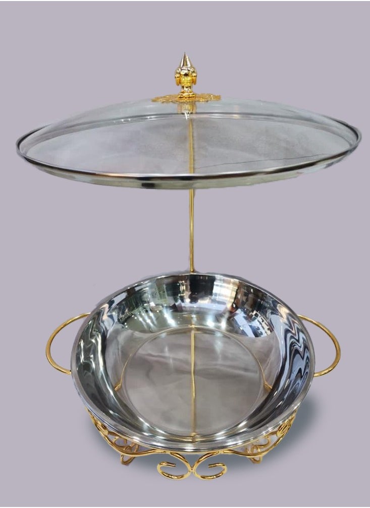 MARS Q Luxurious Round Food Buffet Warmer With Lid And Stand Silver/Gold/Clear  - Image 3