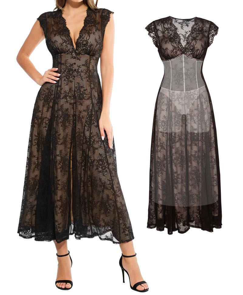Popilush Mother of The Bride Dresses for Women Formal Wedding Guest Lace Sleeveless V Neck Maxi Shapewear Evening Split Dress Skin Black - Image 1