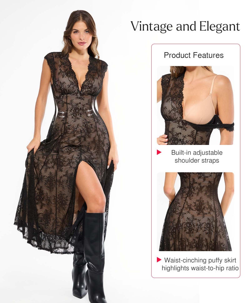 Popilush Mother of The Bride Dresses for Women Formal Wedding Guest Lace Sleeveless V Neck Maxi Shapewear Evening Split Dress Skin Black - Image 5
