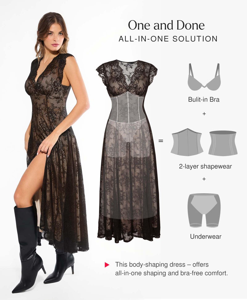 Popilush Mother of The Bride Dresses for Women Formal Wedding Guest Lace Sleeveless V Neck Maxi Shapewear Evening Split Dress Skin Black - Image 4