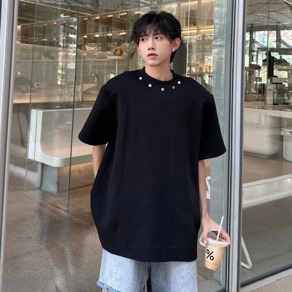 2024 Summer Cotton Tee Rivet Detailing Men Khaki - Image 2